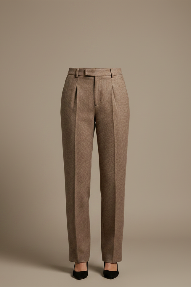 Pantalon Marron Tweed Taille Haute Plissé Décontracté Élégant - vue 3