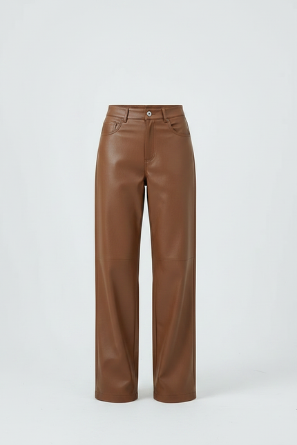 Pantalon Marron Similicuir Ample Taille Haute Élégant - Simili cuir - vue 3
