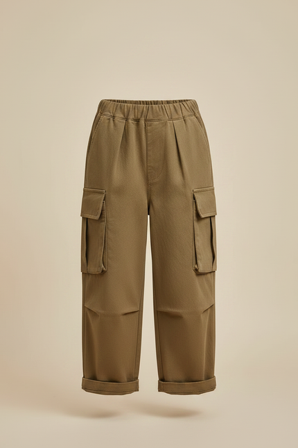 Pantalon Marron Cargo Ample Enfant Poches - Kaki Coton - vue 3