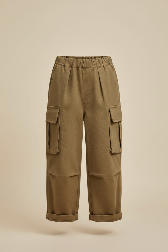 Pantalon Marron Cargo Ample Enfant Poches - Kaki Coton - vue 3