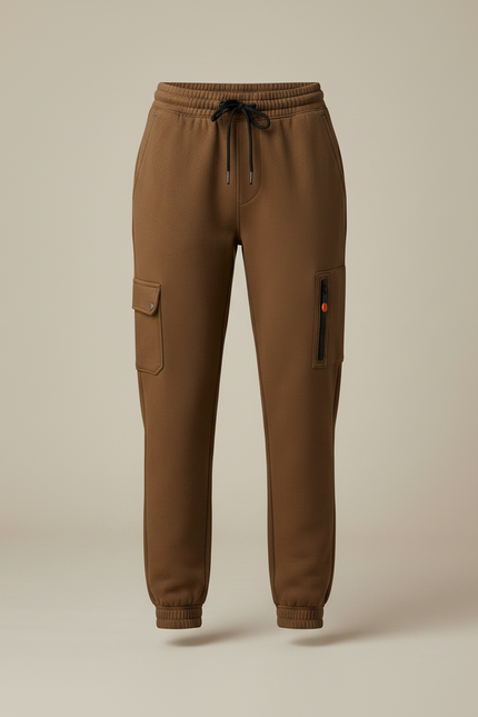 Pantalon Marron Cargo Molletonné Cordon Élastique Poches - vue 3