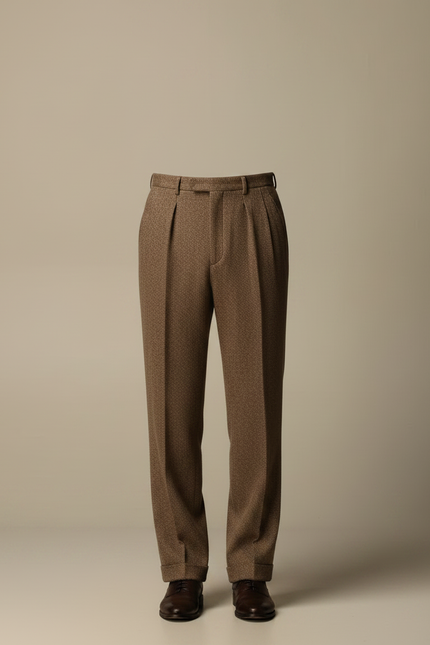 Pantalon Marron Laine Droit Plissé Homme Élégant - Tweed - vue 3