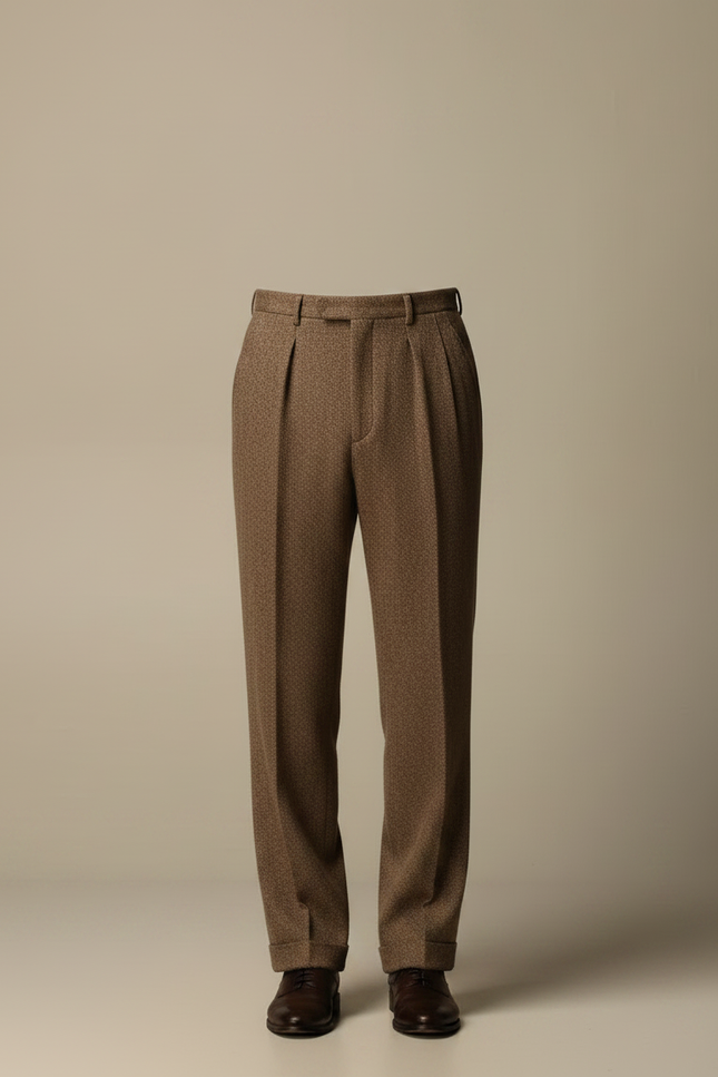 Pantalon Marron Laine Droit Plissé Homme Élégant - Tweed - vue 3