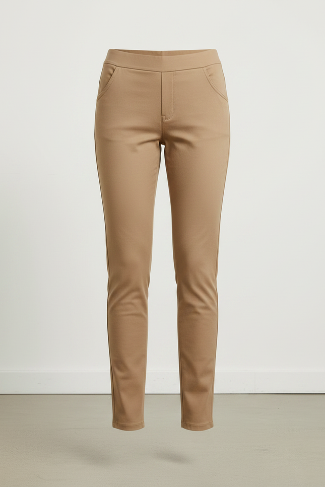 Pantalon Marron Slim Élastique Taille Haute Femme - Camel Gabardine - vue 3