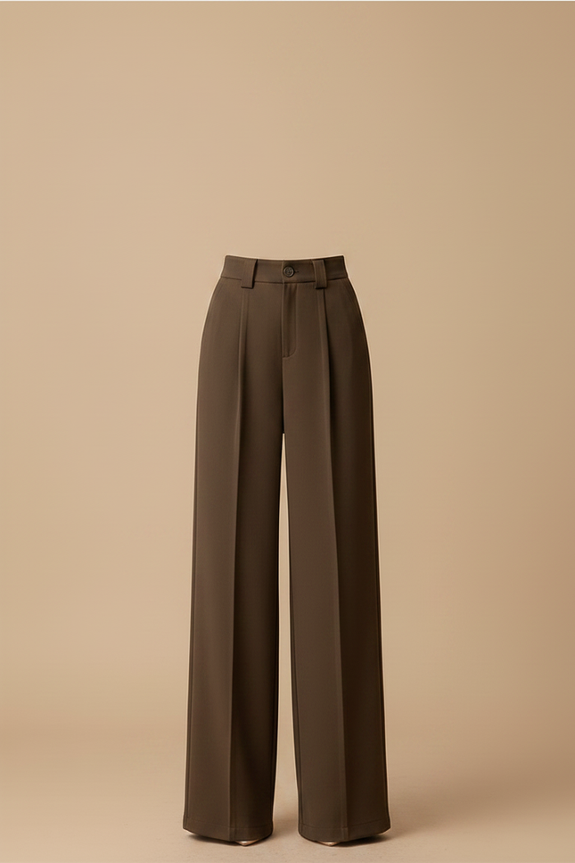 Pantalon Marron Droit Ample Taille Haute Fluide Élégant - Polyester - vue 3