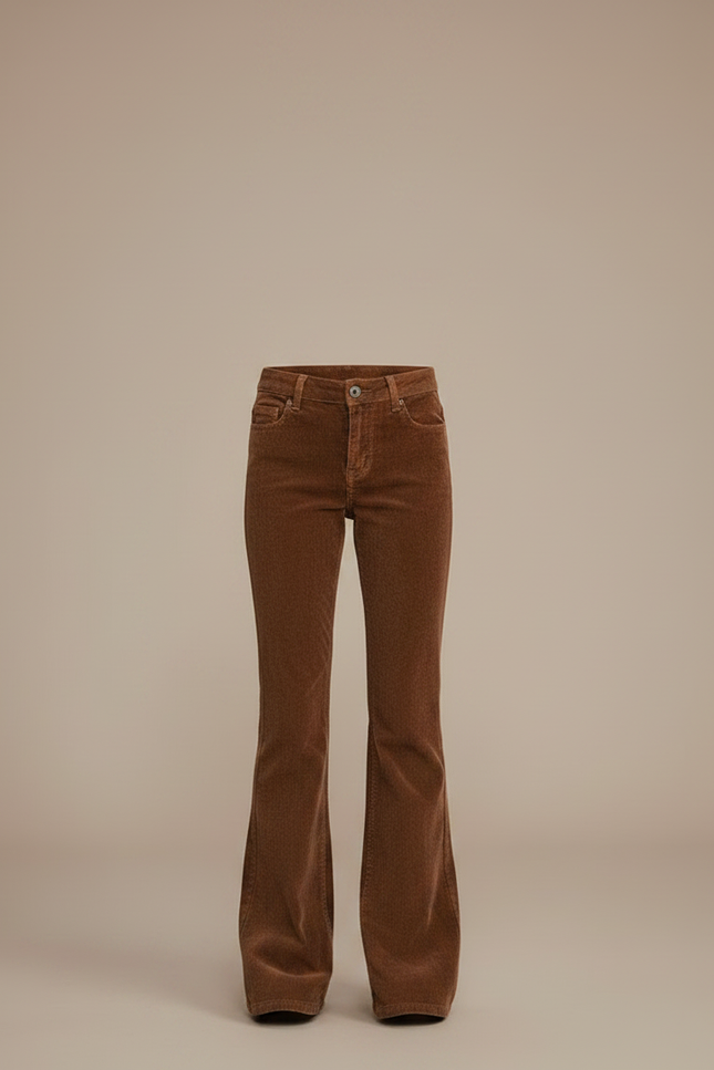 Pantalon Marron Côtelé Évasé Taille Haute Confortable - Cordé - vue 3