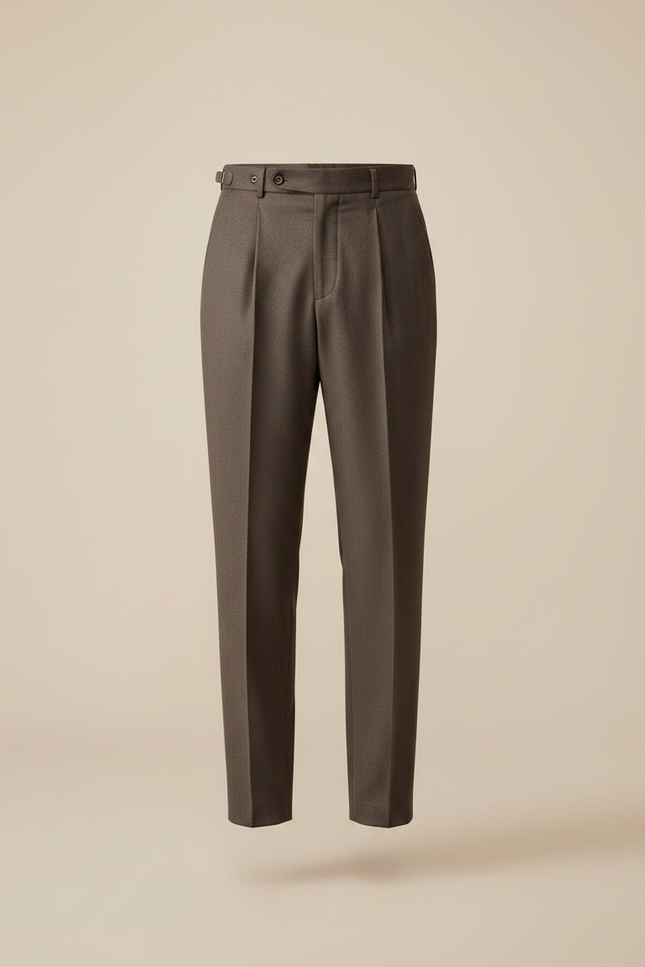 Pantalon Marron Laine Droit Plissé Homme Élégant Formel - vue 3
