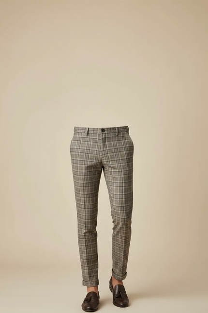 Pantalon Marron À Carreaux Slim Tapered Élégant Homme - Tweed - vue 3