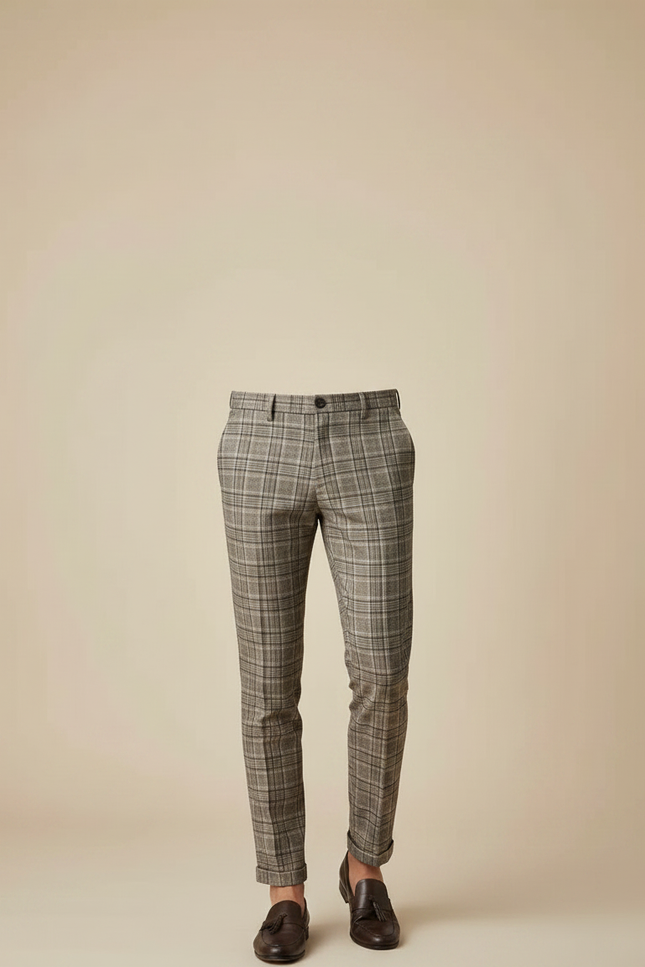 Pantalon Marron À Carreaux Slim Tapered Élégant Homme - Tweed - vue 3