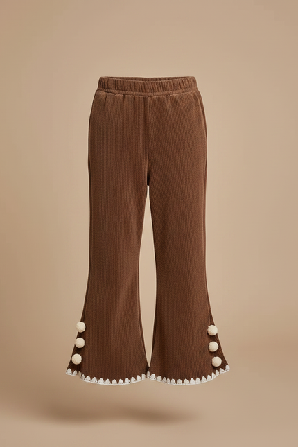 Pantalon Marron Côtelé Évasé Pompons Enfant Confortable - Cordé - vue 3