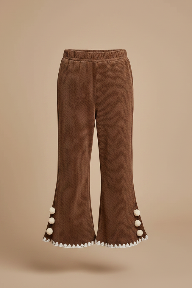 Pantalon Marron Côtelé Évasé Pompons Enfant Confortable - Cordé - vue 3