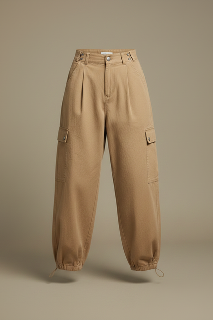 Pantalon Marron Cargo Ample Coton Femme Décontracté - Camel - vue 3