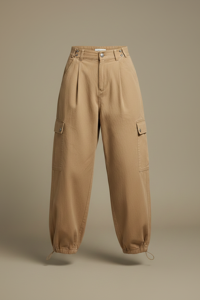 Pantalon Marron Cargo Ample Coton Femme Décontracté - Camel - vue 3