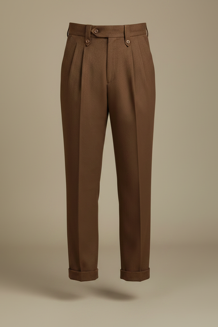 Pantalon Marron Plissé Laine Homme Droit Élégant - vue 3