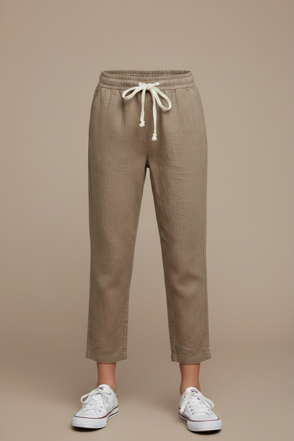 Pantalon Marron Coton Lin Ample Décontracté Cordon - Kaki - vue 3