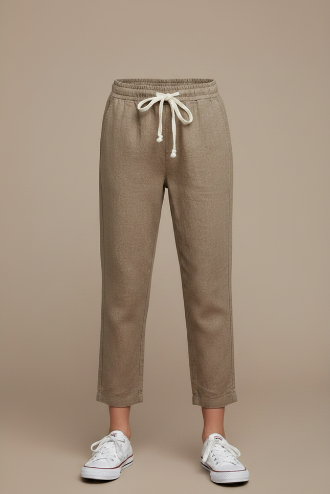 Pantalon Marron Coton Lin Ample Décontracté Cordon - Kaki - vue 3