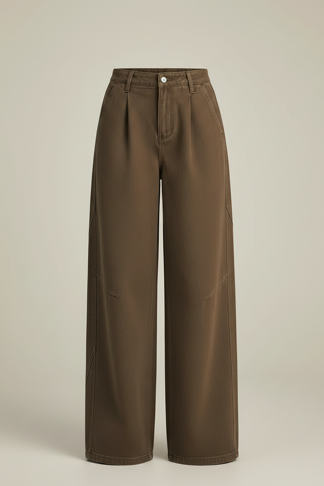 Pantalon Marron Ample Coton Taille Haute Décontracté Femme - Kaki Toile - vue 3