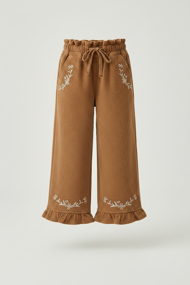 Pantalon Marron Côtelé Brodé Ample Fille - Cordé - vue 3