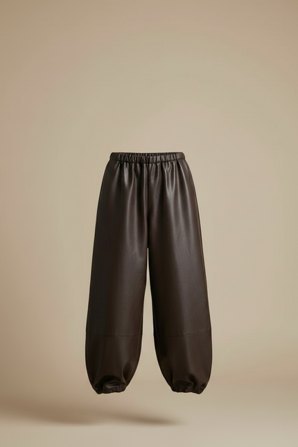 Pantalon Marron Cuir PU Ample Cheville Élastique Rétro - Simili cuir - vue 3
