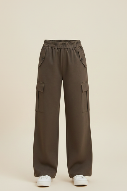 Pantalon Marron Cargo Ample Fille Décontracté - Kaki Polyester - vue 3