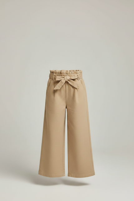 Pantalon Marron Ample Taille Haute Coton Fille - Camel Toile - vue 3