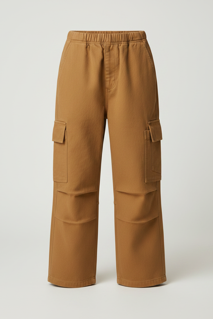 Pantalon Marron Cargo Ample Coton Enfant Poches - Camel - vue 3