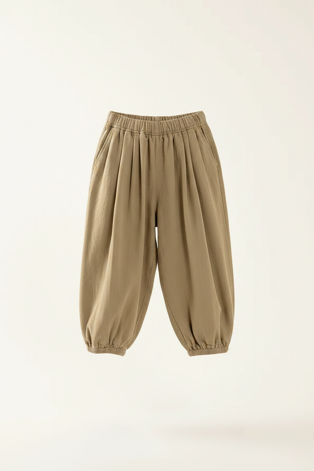 Pantalon Marron Ample Coton Enfant Décontracté Élastique - Kaki - vue 3
