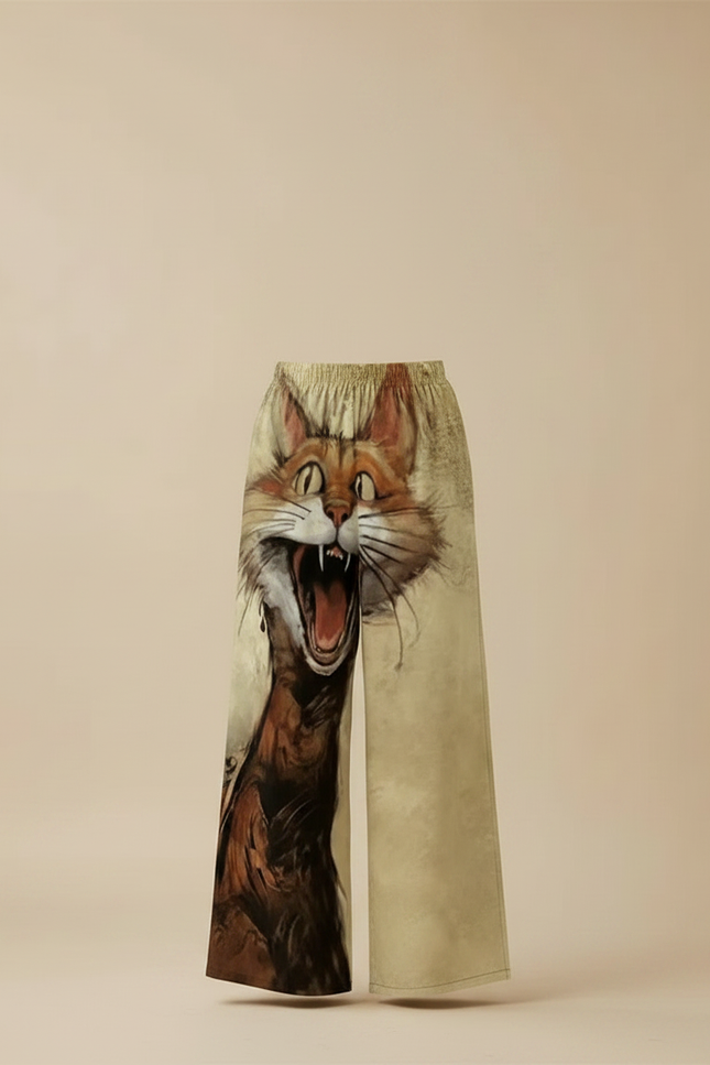 Pantalon Marron Ample Imprimé Chat Décontracté Élastique - Viscose - vue 3