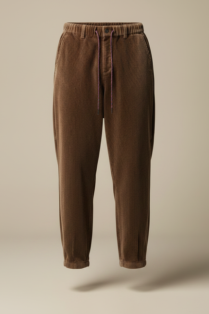 Pantalon Marron Côtelé Ample Décontracté Cordon - Cordé - vue 3