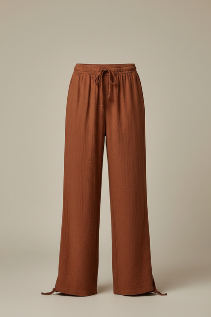 Pantalon Marron Fluide Ample Coton Lin Femme - vue 3