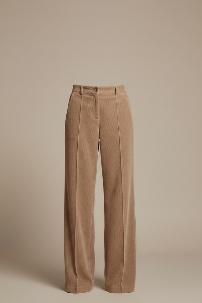 Pantalon Marron Côtelé Large Droit Taille Haute - Camel Cordé - vue 3