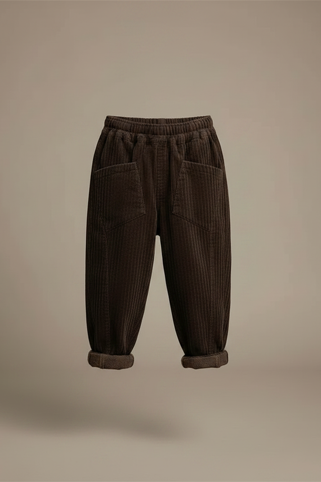 Pantalon Marron Côtelé Ample Élastique Poches Garçon - Cordé - vue 3