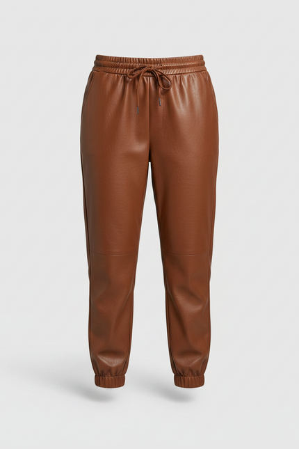 Pantalon Marron Similicuir Ample Taille Élastique Femme - Simili cuir - vue 3