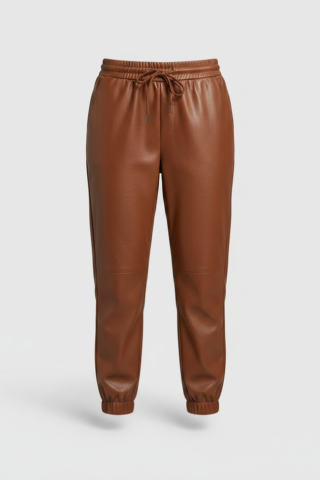 Pantalon Marron Similicuir Ample Taille Élastique Femme - Simili cuir - vue 3