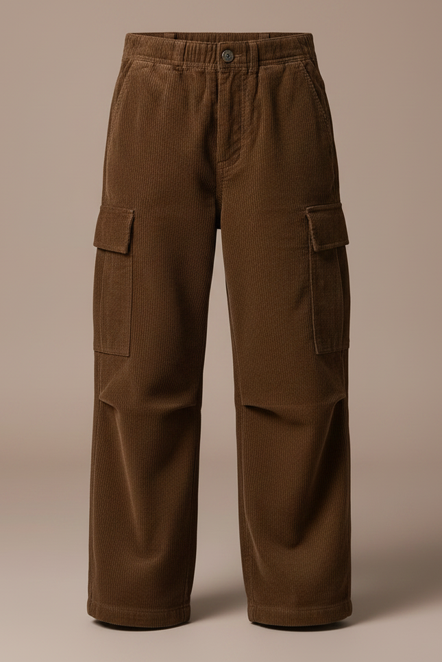 Pantalon Marron Côtelé Ample Décontracté Multipoches Enfant - Cordé - vue 3