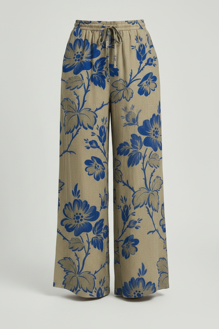 Pantalon Marron Fleuri Ample Fluide Décontracté - Kaki Lin - vue 3