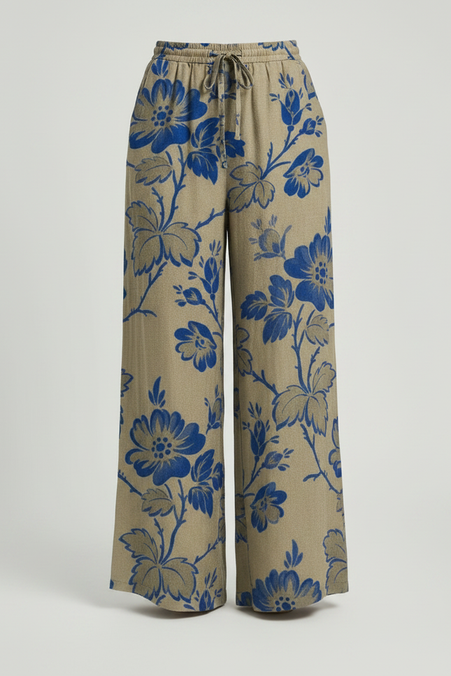 Pantalon Marron Fleuri Ample Fluide Décontracté - Kaki Lin - vue 3