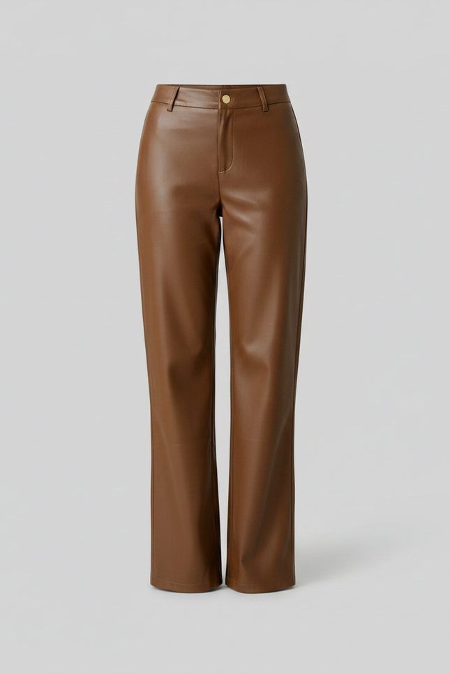 Pantalon Marron Similicuir Ample Taille Haute Droit - Simili cuir - vue 3