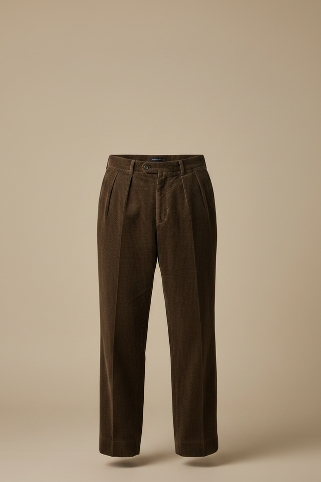 Pantalon Marron Côtelé Plissé Ample Décontracté Homme - Cordé - vue 3