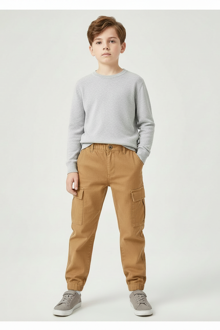 Pantalon Marron Garçon Cargo Confortable Décontracté Coton - Camel Gabardine - vue 3