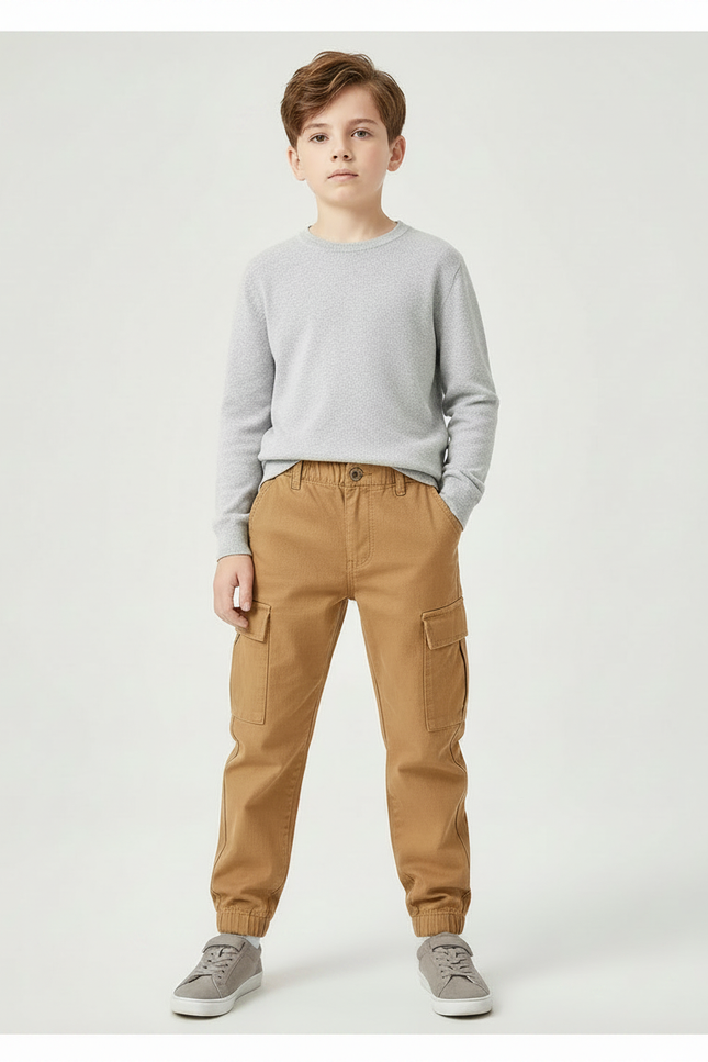 Pantalon Marron Garçon Cargo Confortable Décontracté Coton - Camel Gabardine - vue 3