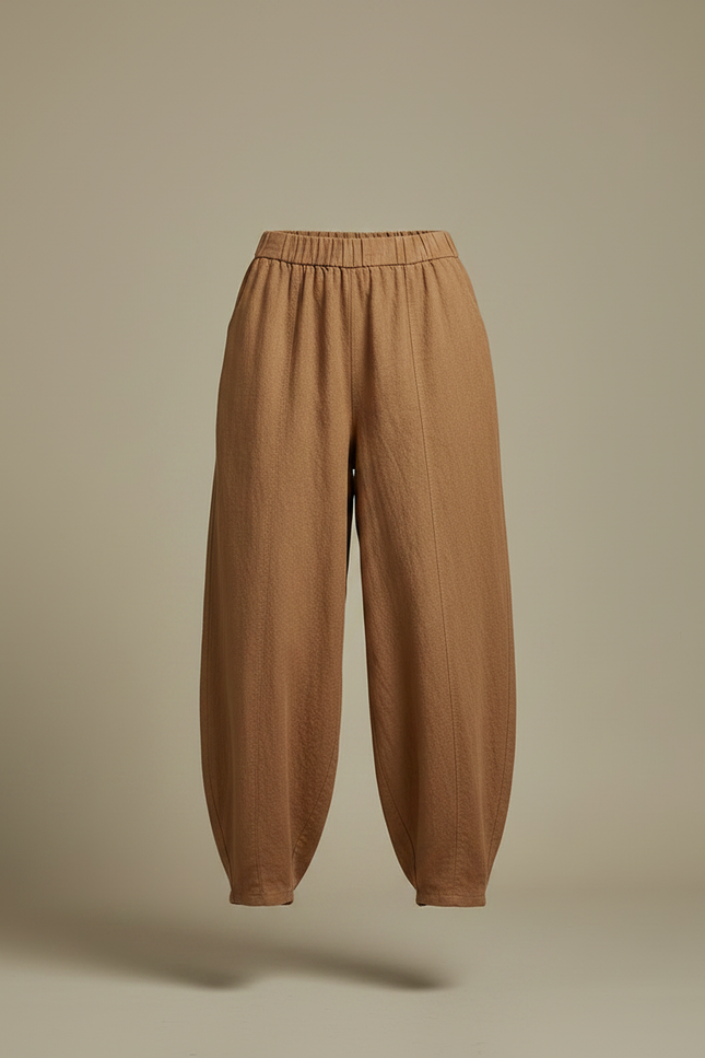 Pantalon Marron Ample Lin Coton Taille Élastique - vue 3