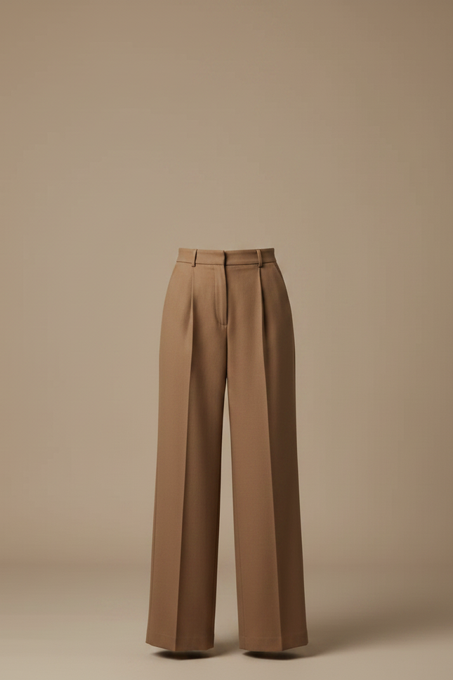 Pantalon Marron Élégant Ample Plissé Taille Haute - Gabardine - vue 3