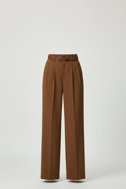 Pantalon Marron Fluide Taille Haute Plissé Décontracté - Polyester - vue 3