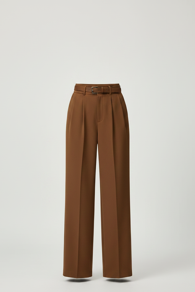 Pantalon Marron Fluide Taille Haute Plissé Décontracté - Polyester - vue 3