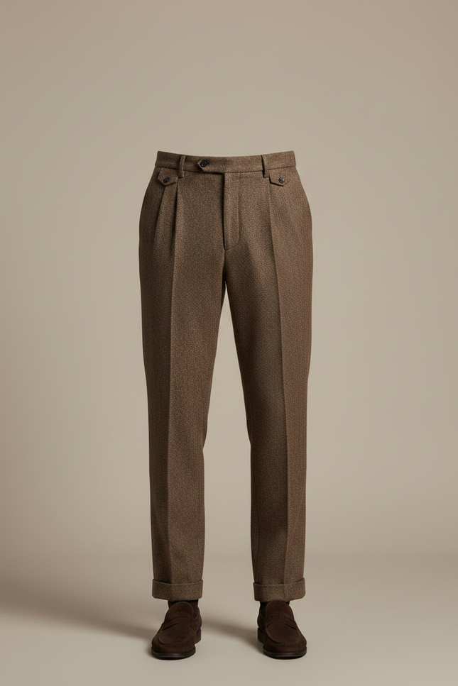 Pantalon Marron Laine Droit Plissé Homme Hiver - Tweed - vue 3