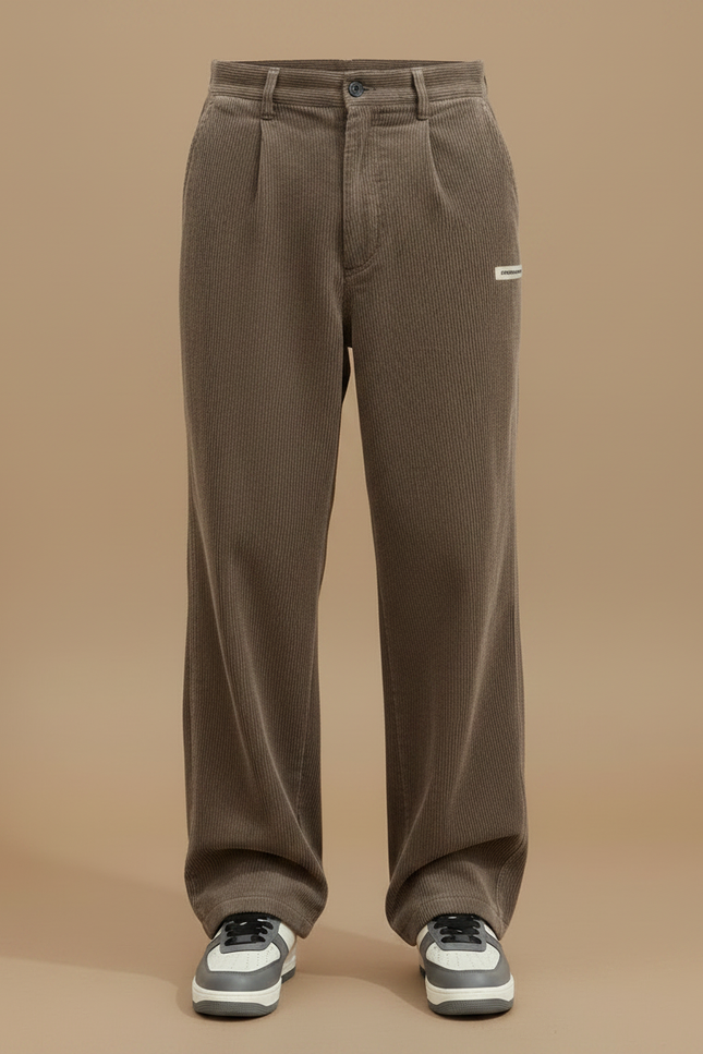 Pantalon Marron Côtelé Ample Plissé Décontracté - Cordé - vue 3