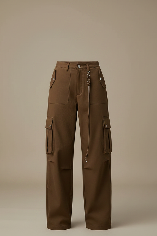 Pantalon Marron Cargo Ample Coton Multipoches Décontracté Femme - vue 3