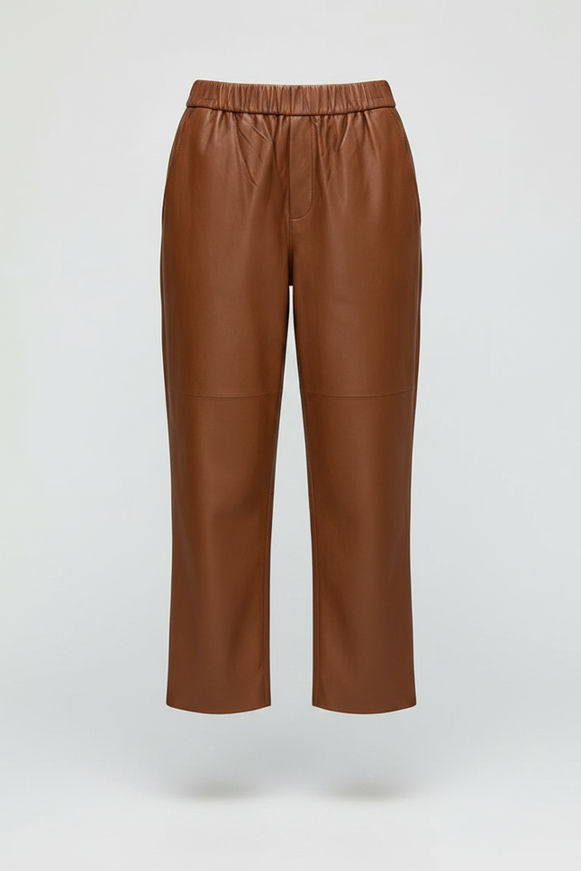 Pantalon Marron Cuir Ample Taille Élastique Femme - vue 3