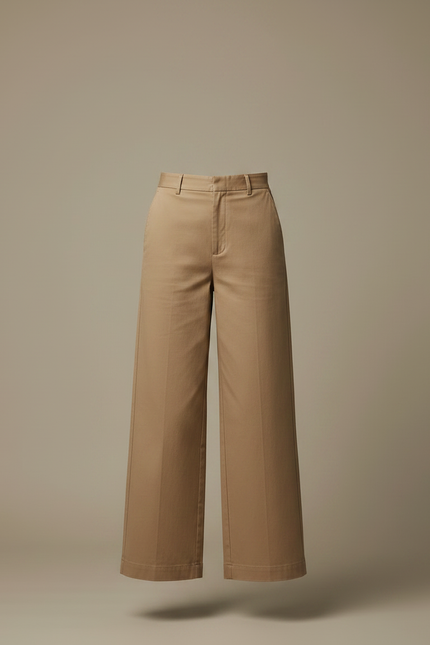 Pantalon Marron Large Taille Haute Coton Décontracté - Beige Gabardine - vue 3